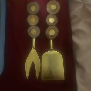 Set of 2 each Gold and Wood Cheese Spreader and fork